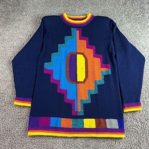 Peruvian Alpaca Sweater Womens M Blue Aztec Southwestern Tribal Shoulder Pads *